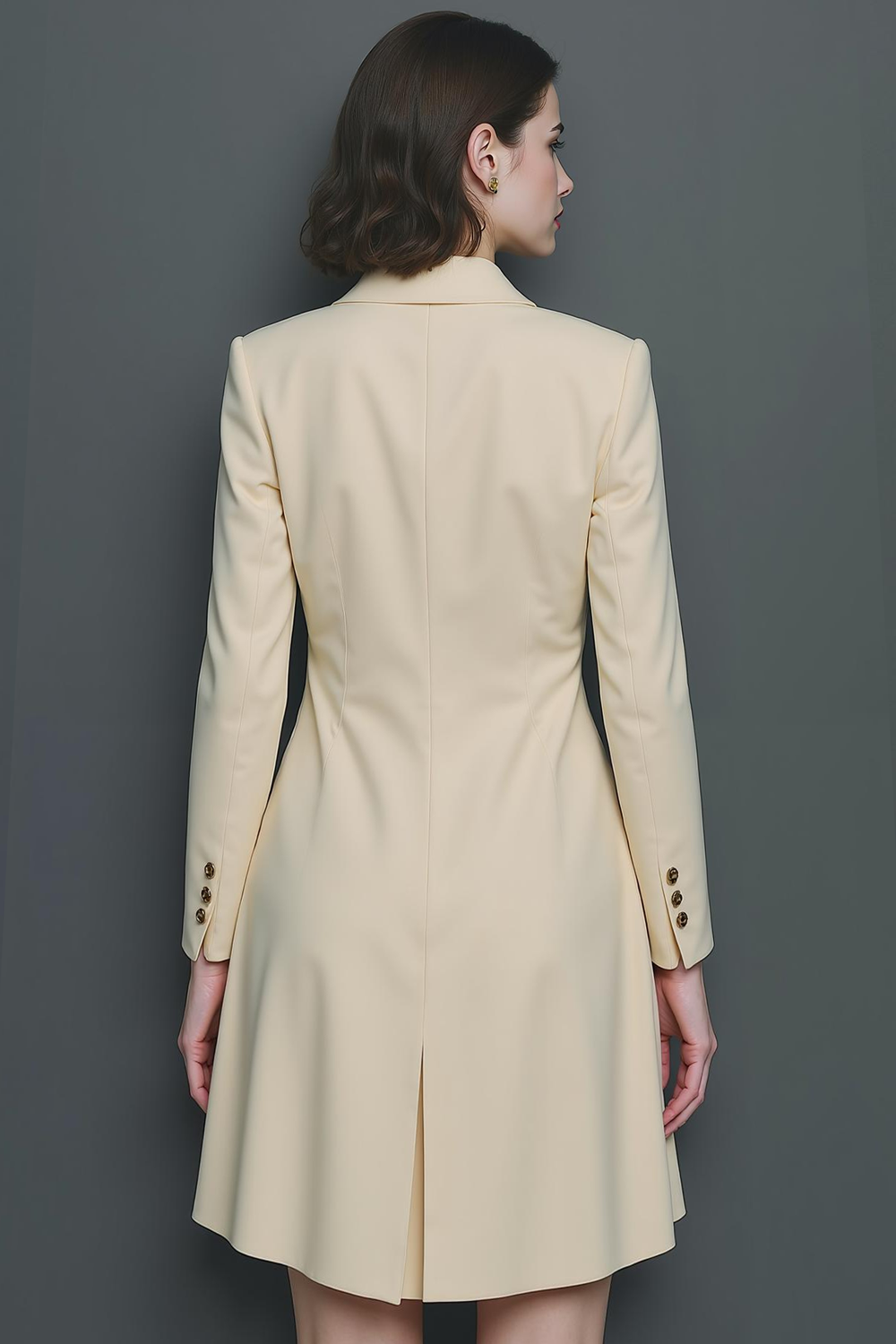 Champagne Black Notched Lapel A Line Midi Fitted Blazer Dress with Sash