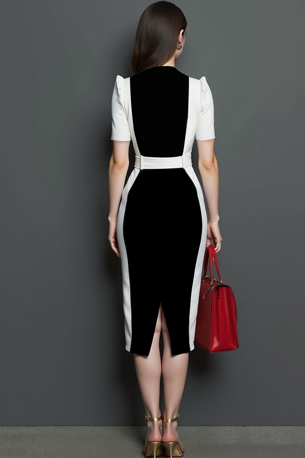 Black and White Pencil Puff Sleeves Fitted Midi Work Dress with Belt
