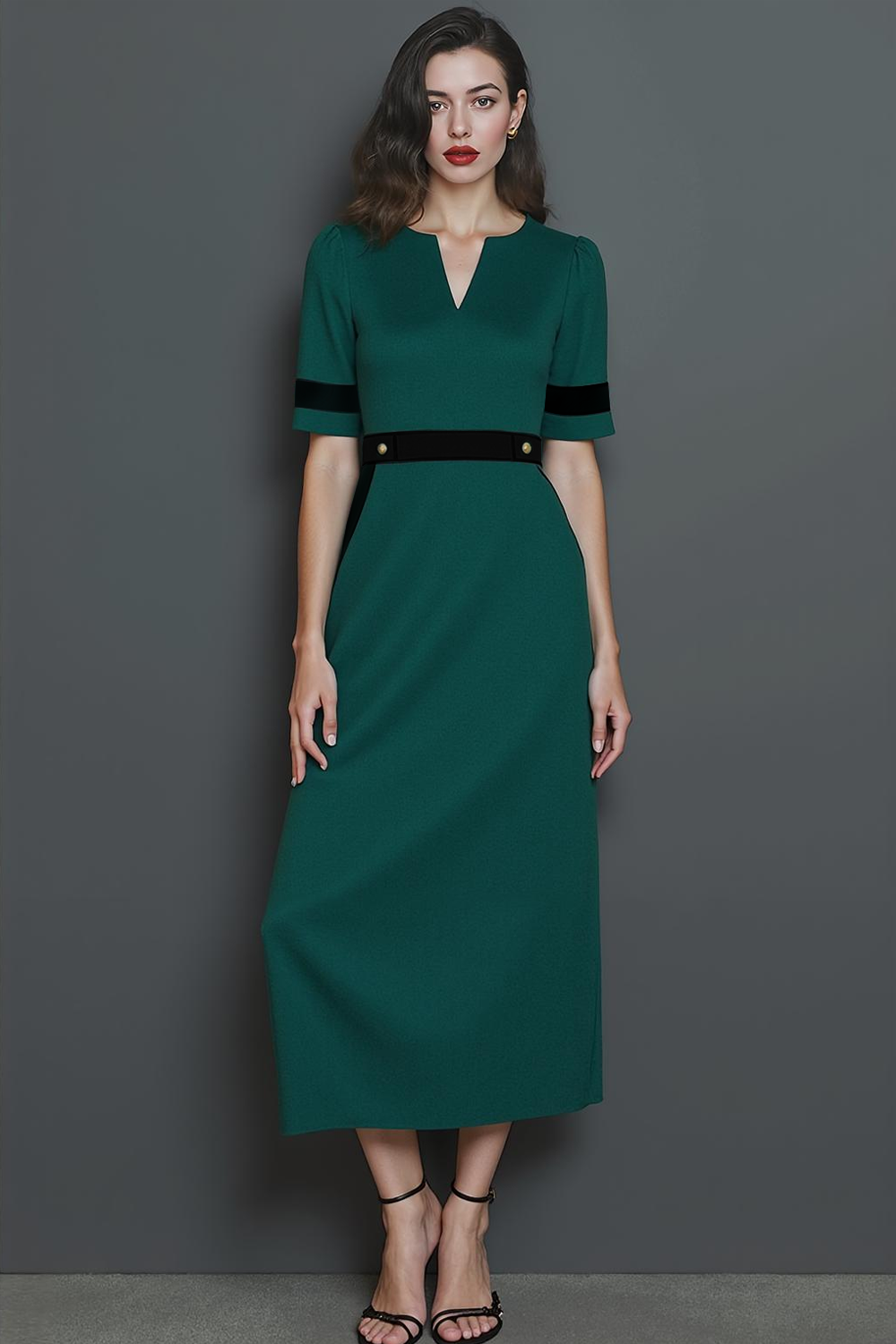 Dark Green V-Neck Midi Pencil Work Dress with Sleeves