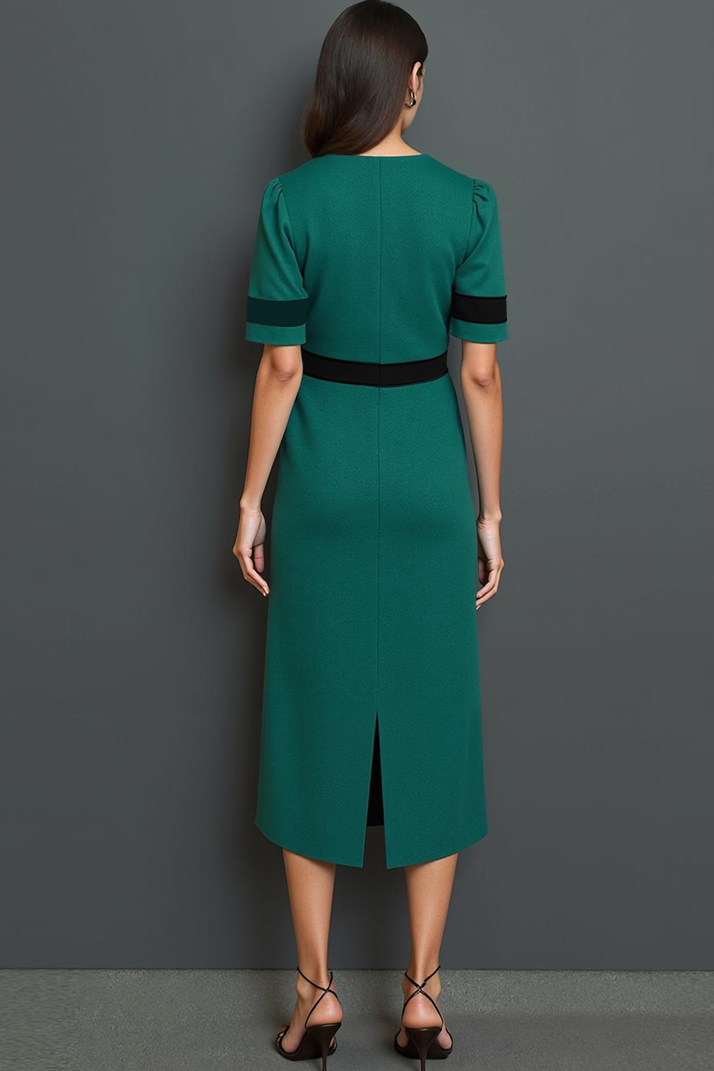 Dark Green V-Neck Midi Pencil Work Dress with Sleeves