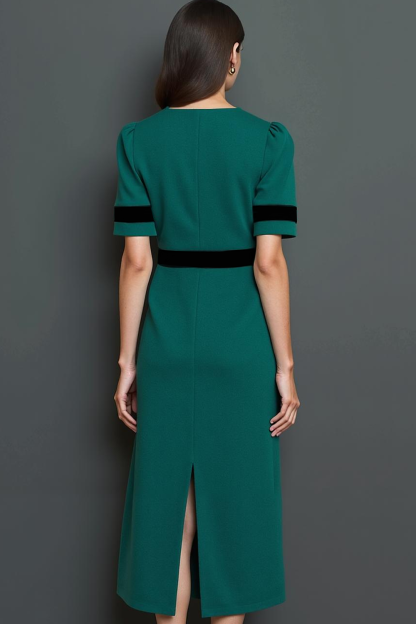 Dark Green V-Neck Midi Pencil Work Dress with Sleeves
