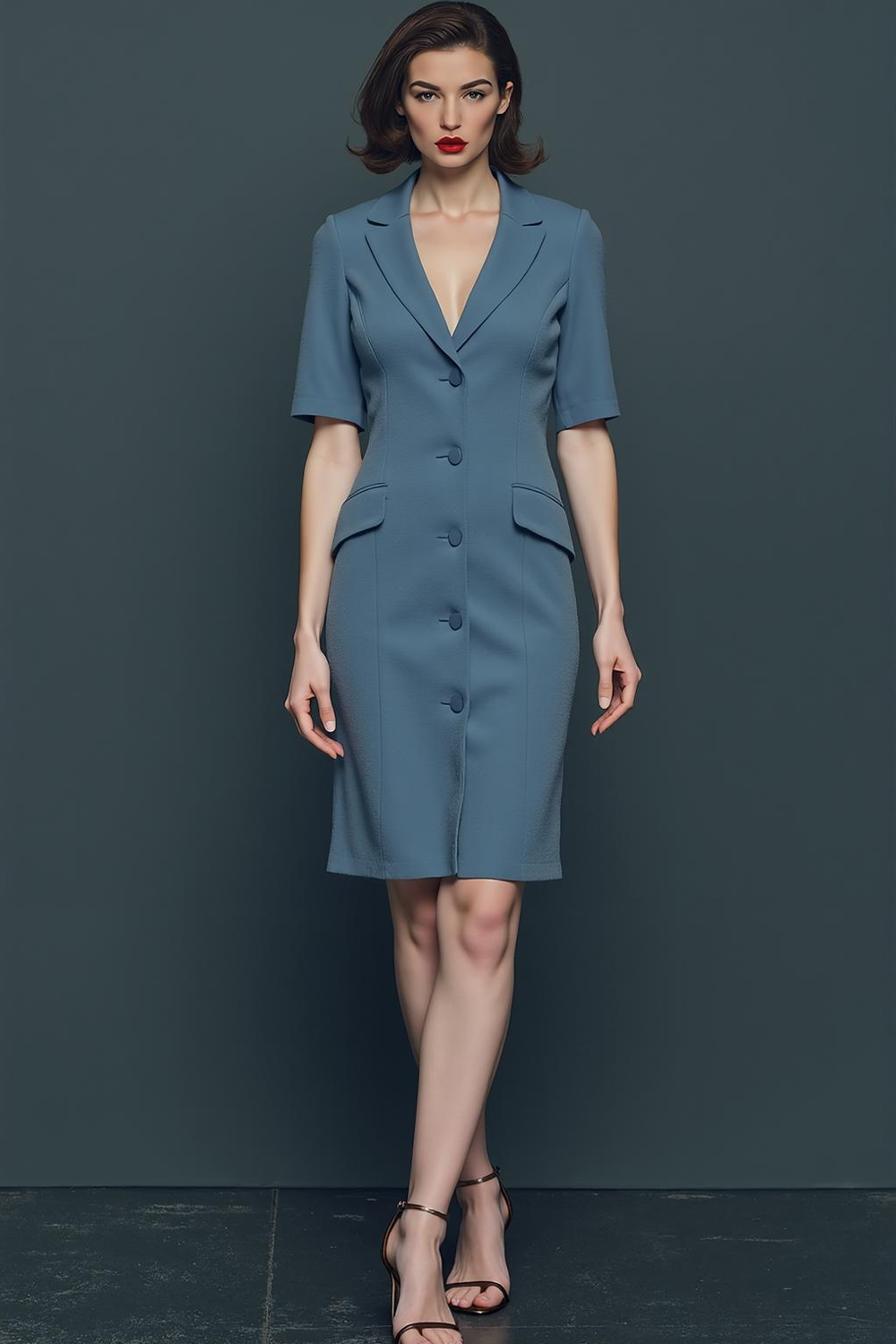 Dusty Blue Pencil Notched Lapel Short Blazer Dress with Buttons