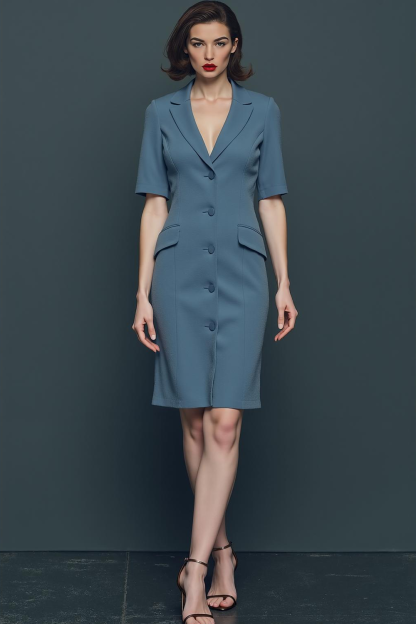 Leely Women Dusty Blue Pencil Short Blazer Dress with Buttons Notched Lapel Fitted Business Dress with Sleeves