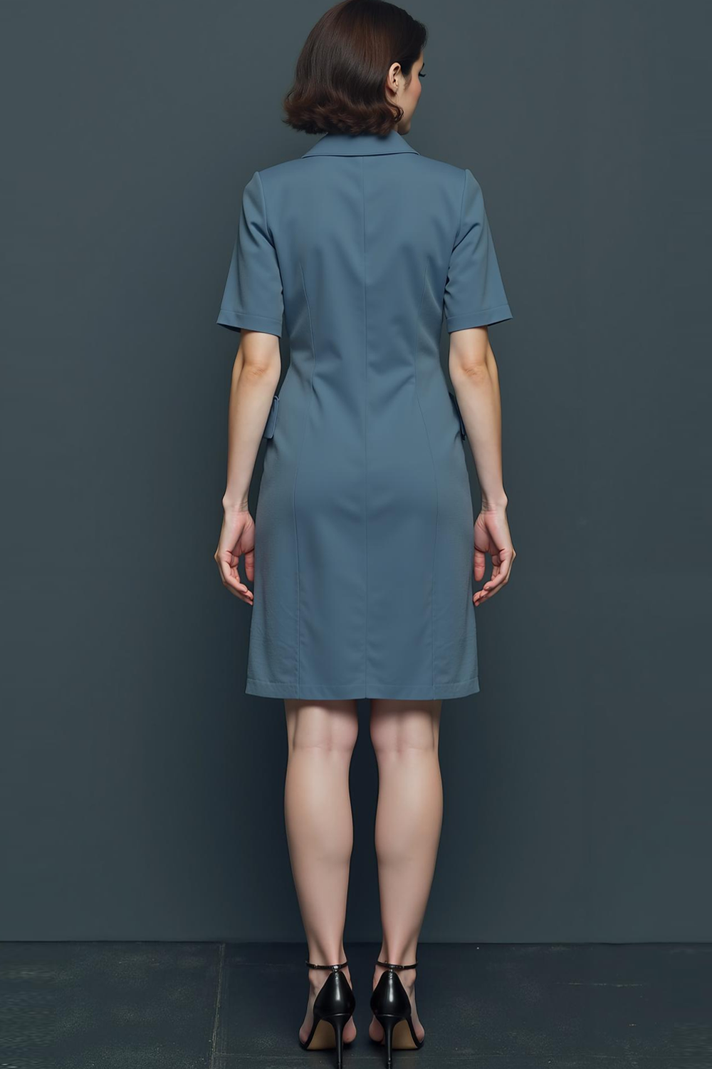 Dusty Blue Pencil Notched Lapel Short Blazer Dress with Buttons