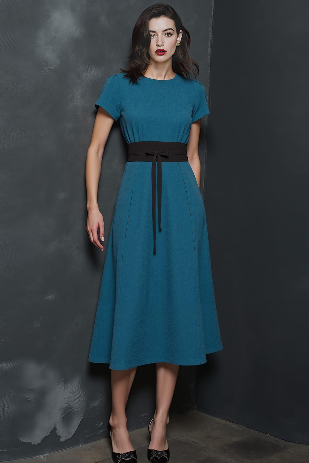 Peacock Blue Midi Round Neck A Line Work Dress with Sash