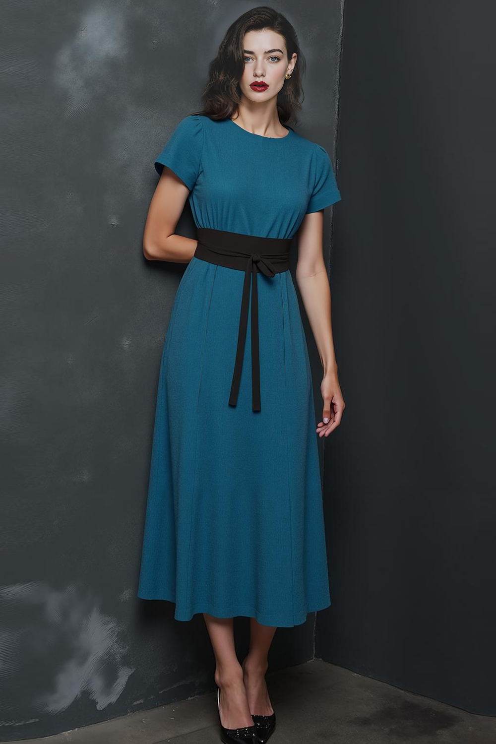 Peacock Blue Midi Round Neck A Line Work Dress with Sash