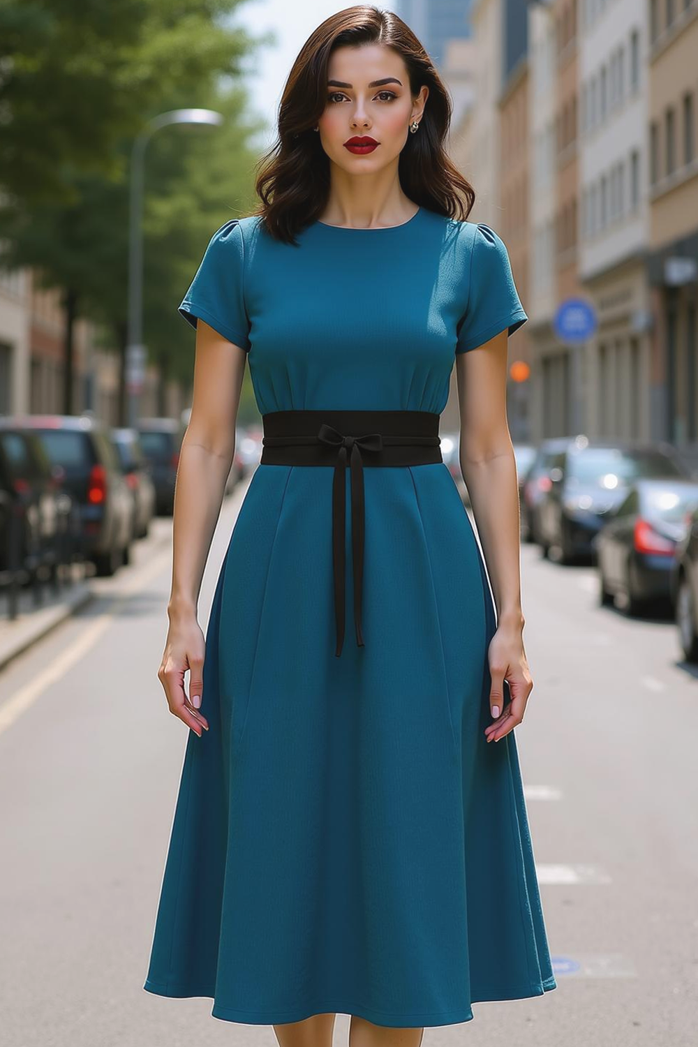 Peacock Blue Midi Round Neck A Line Work Dress with Sash