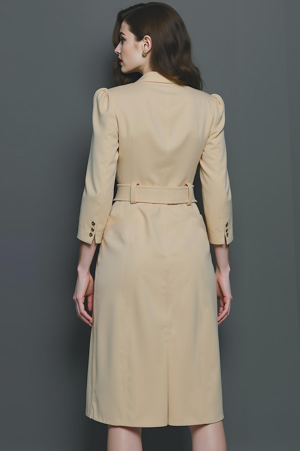 Champagne V-Neck Pencil Midi Work Dress with Belt