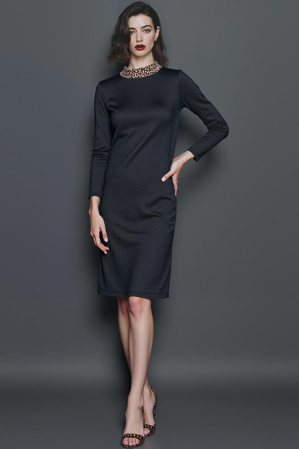Black Leopard Round Neck Slim Fit Pencil Short Work Dress