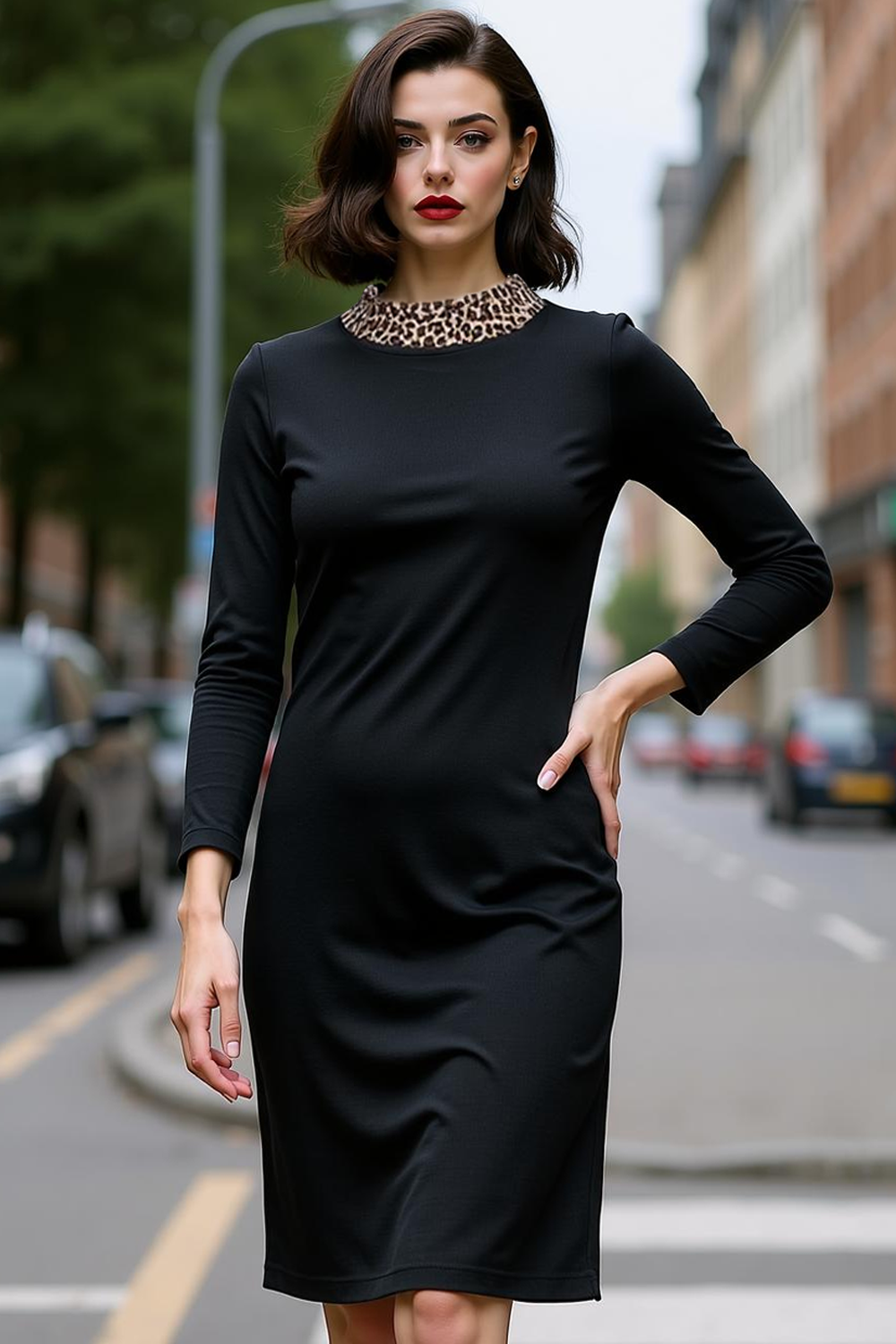 Black Leopard Round Neck Slim Fit Pencil Short Work Dress