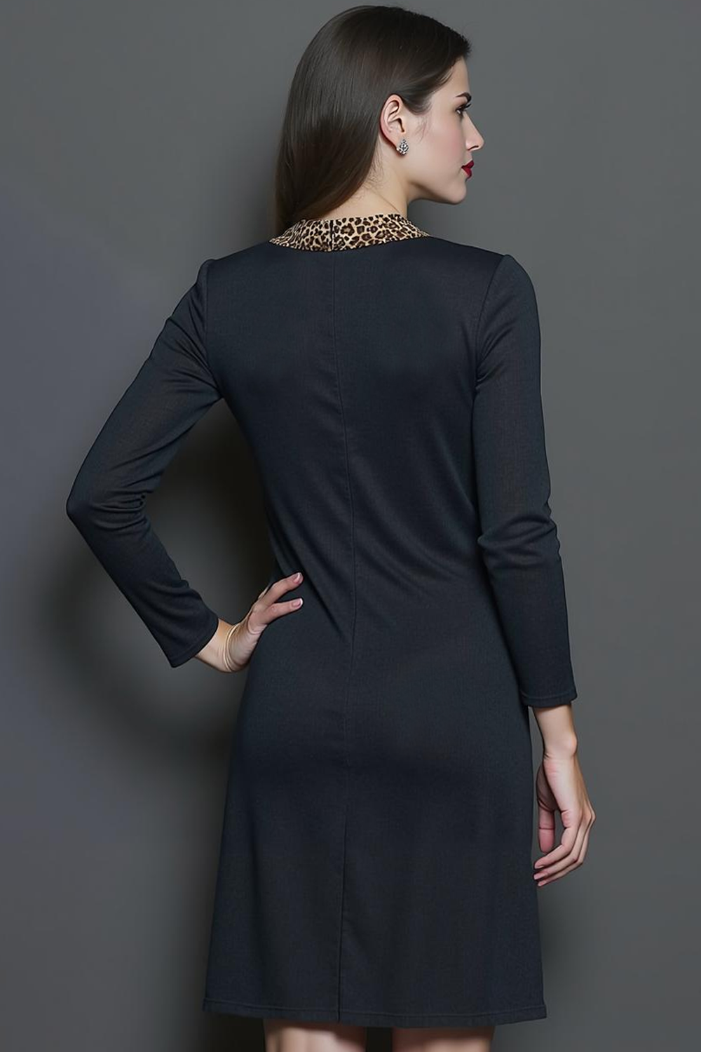 Black Leopard Round Neck Slim Fit Pencil Short Work Dress