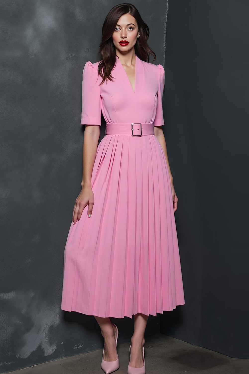 Leely Women Pink Pleated Long Work Dress with Belt A Line V-Neck Business Dress
