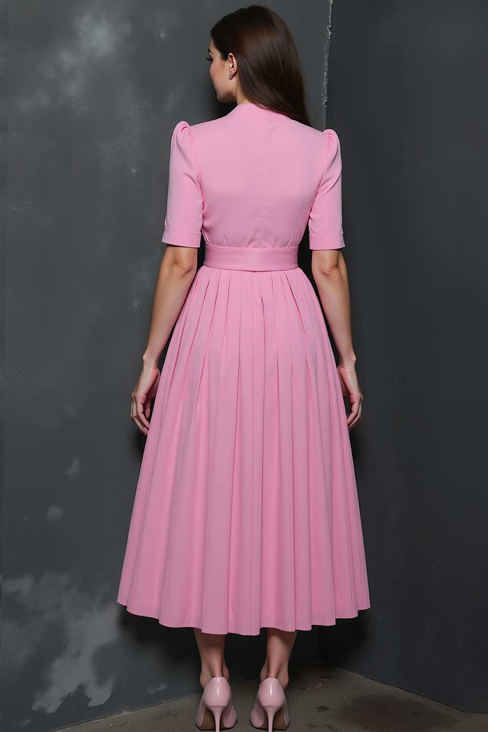 Pink Pleated A Line V-Neck Long Work Dress with Belt