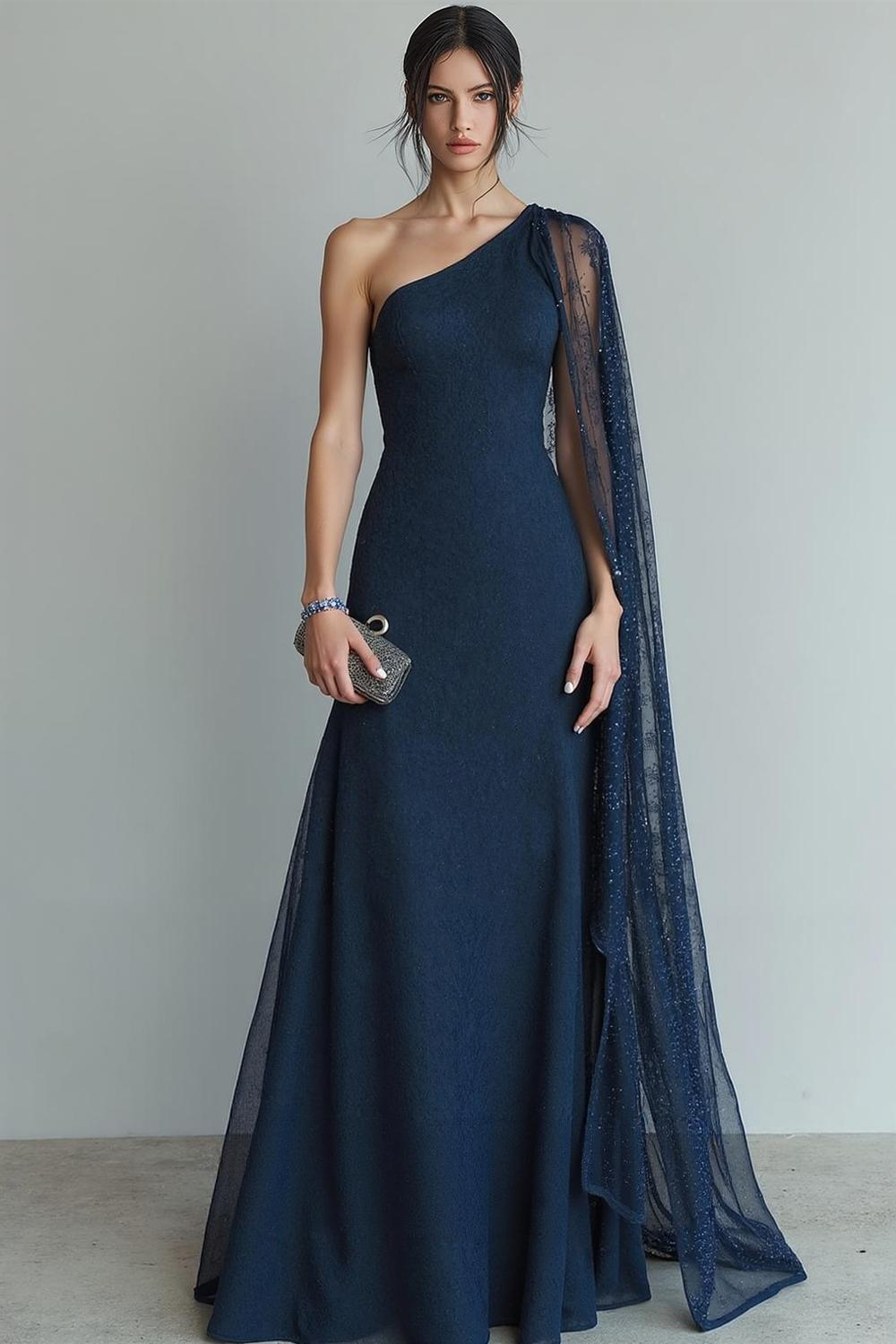 Navy Chiffon One Shoulder A Line Long Formal Dress with Cape