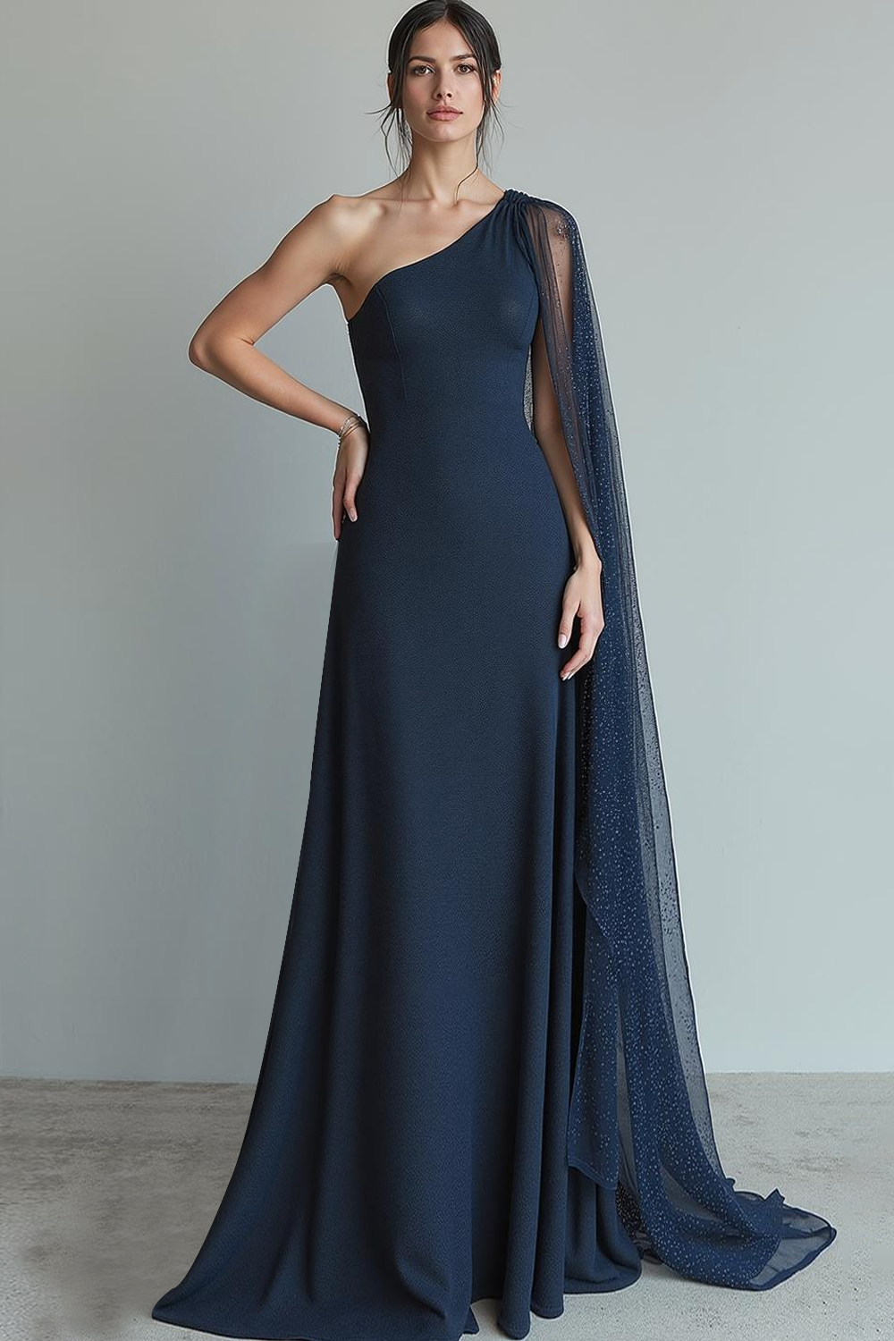 Navy Chiffon One Shoulder A Line Long Formal Dress with Cape