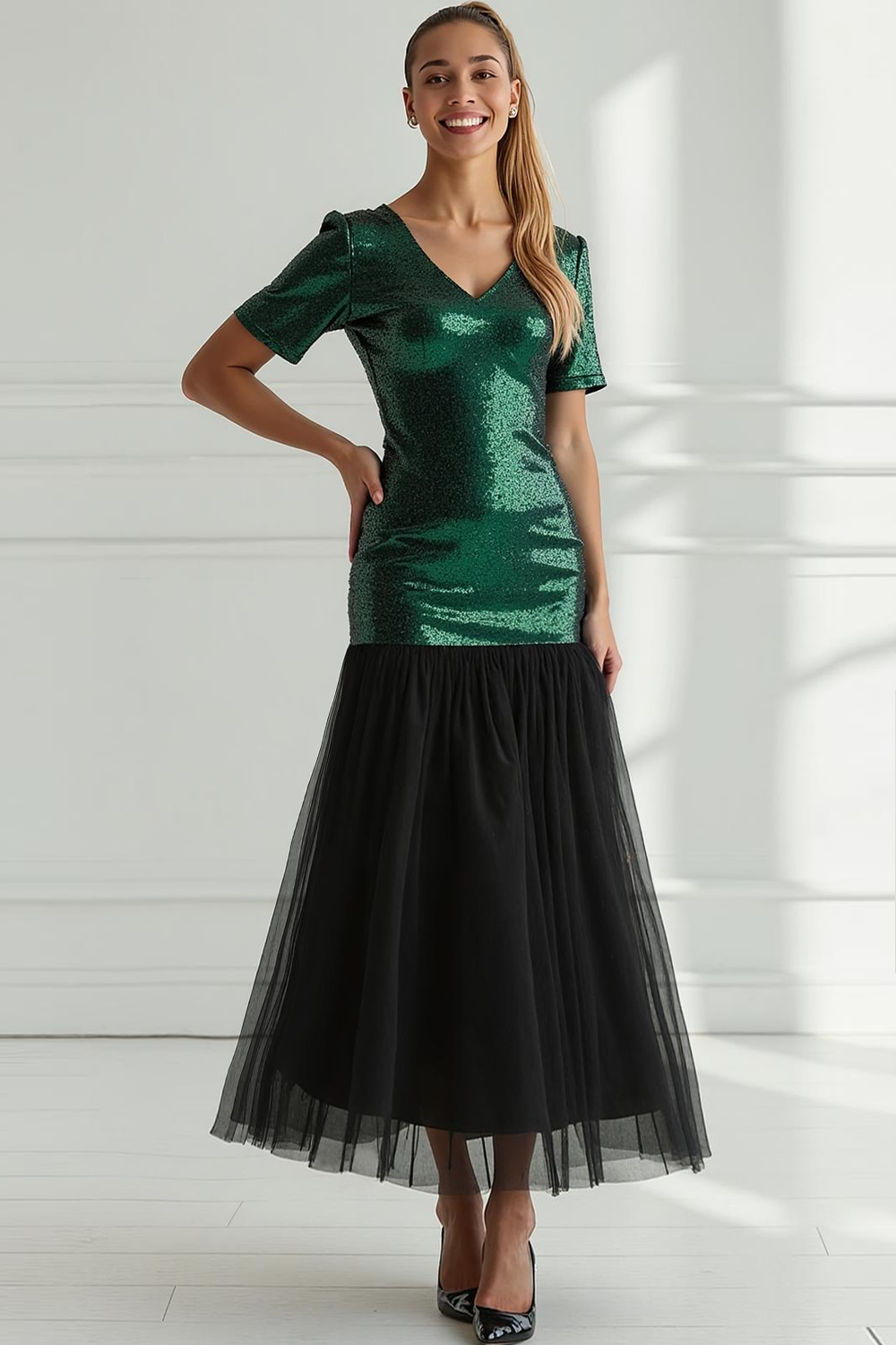Sparkly Sequins Dark Green V-Neck Sheath Maxi Evening Dress with Tulle