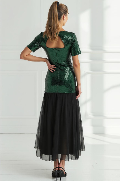 Sparkly Sequins Dark Green V-Neck Sheath Maxi Evening Dress with Tulle