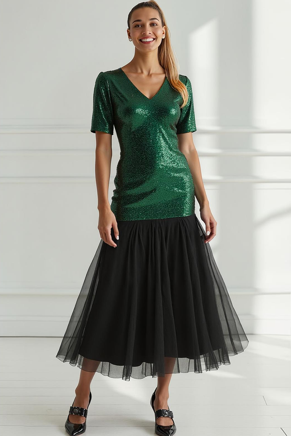 Sparkly Sequins Dark Green V-Neck Sheath Maxi Evening Dress with Tulle