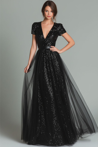 Sparkly Dark Green V-Neck Sequins A Line Long Evening Dress with Tulle