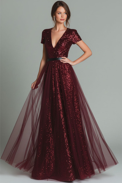 Sparkly Dark Green V-Neck Sequins A Line Long Evening Dress with Tulle