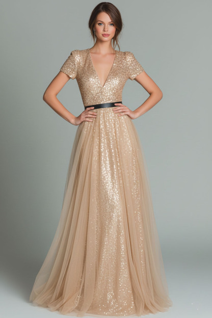 Sparkly Dark Green V-Neck Sequins A Line Long Evening Dress with Tulle