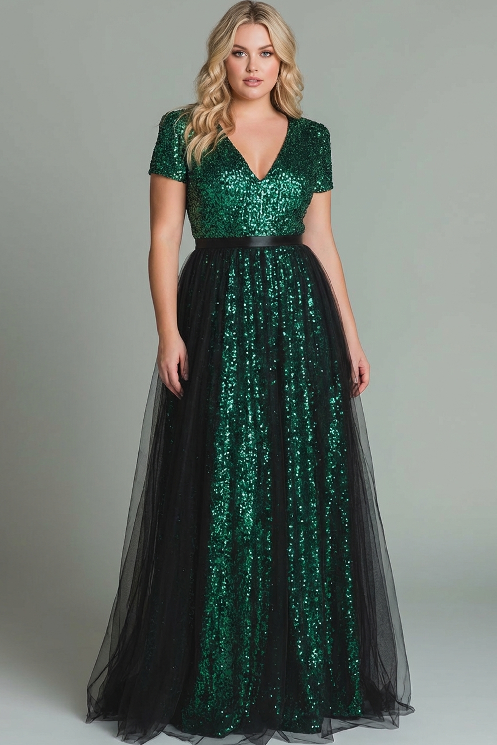 Sparkly Dark Green V-Neck Sequins A Line Long Evening Dress with Tulle