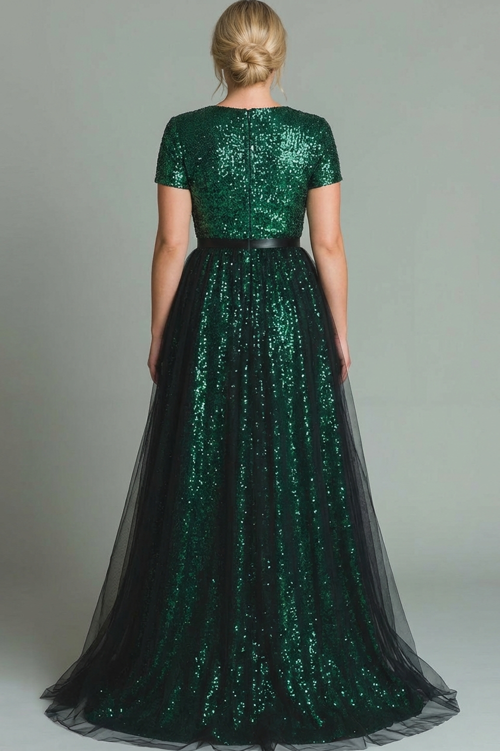 Sparkly Dark Green V-Neck Sequins A Line Long Evening Dress with Tulle