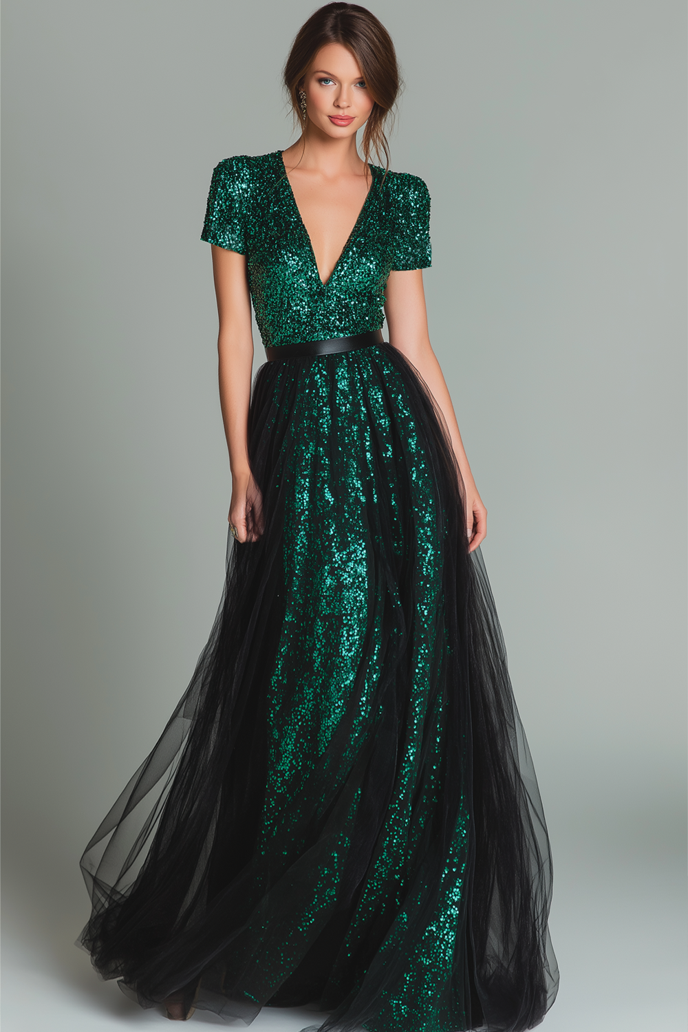 Leely Women Sparkly Dark Green V-Neck Long Evening Dress with Tulle Sequins A Line Holiday Party Dress