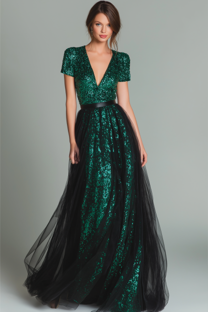 Leely Women Sparkly Dark Green V-Neck Long Evening Dress with Tulle Sequins A Line Holiday Party Dress