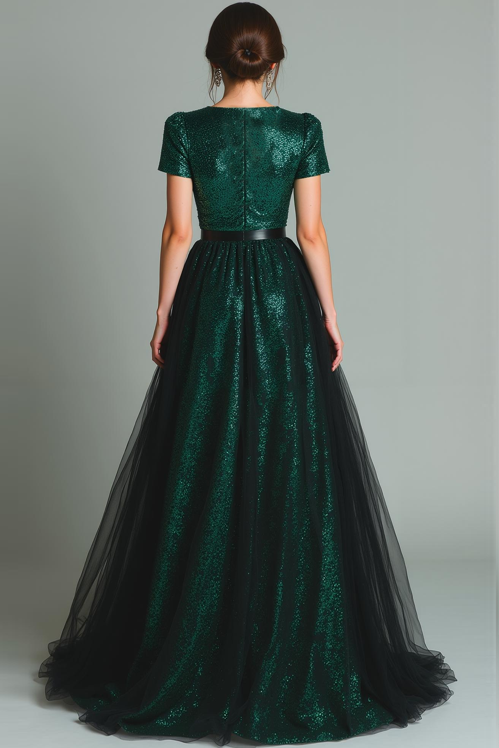 Sparkly Dark Green V-Neck Sequins A Line Long Evening Dress with Tulle