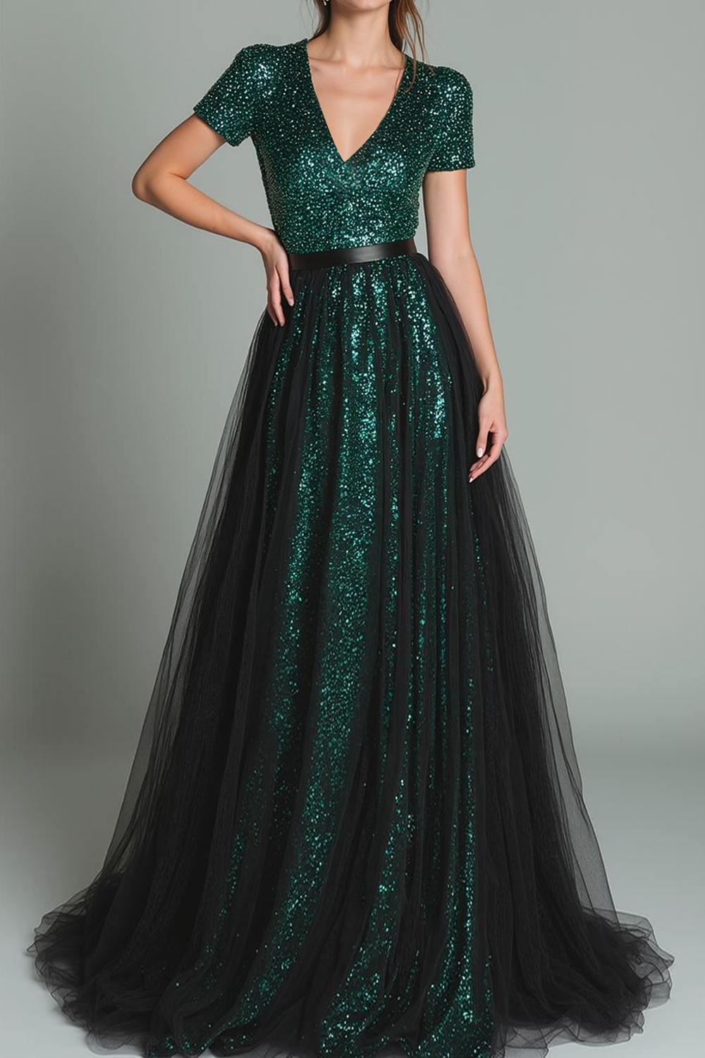 Sparkly Dark Green V-Neck Sequins A Line Long Evening Dress with Tulle