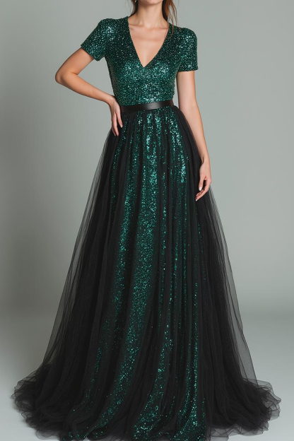 Sparkly Dark Green V-Neck Sequins A Line Long Evening Dress with Tulle