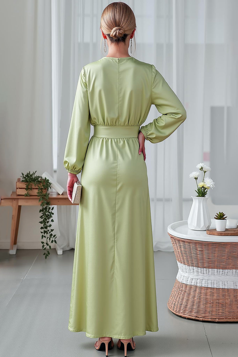 Light Green Sheath Satin V-Neck Long Wedding Guest Dress with Sleeves