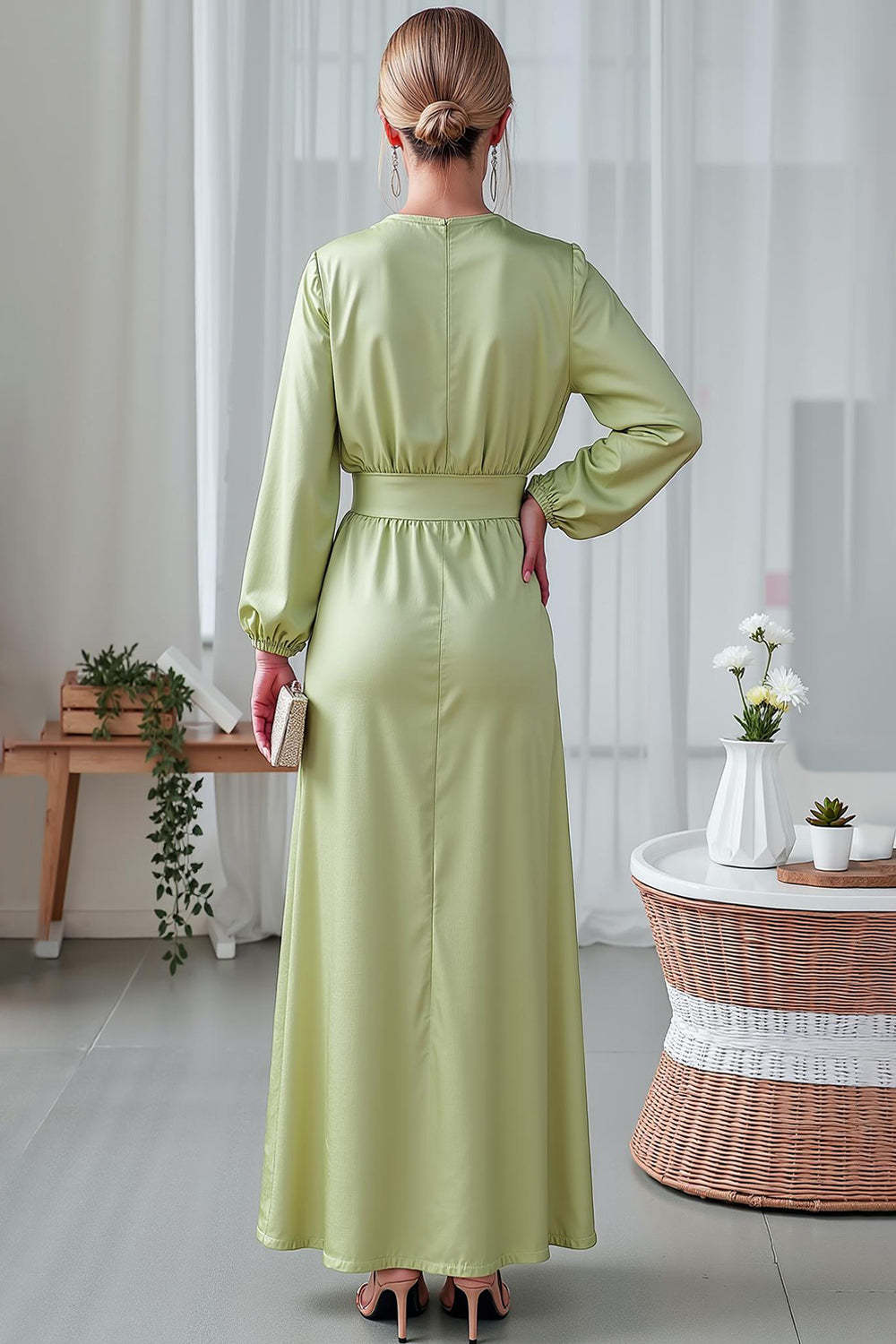 Light Green Sheath Satin V-Neck Long Wedding Guest Dress with Sleeves
