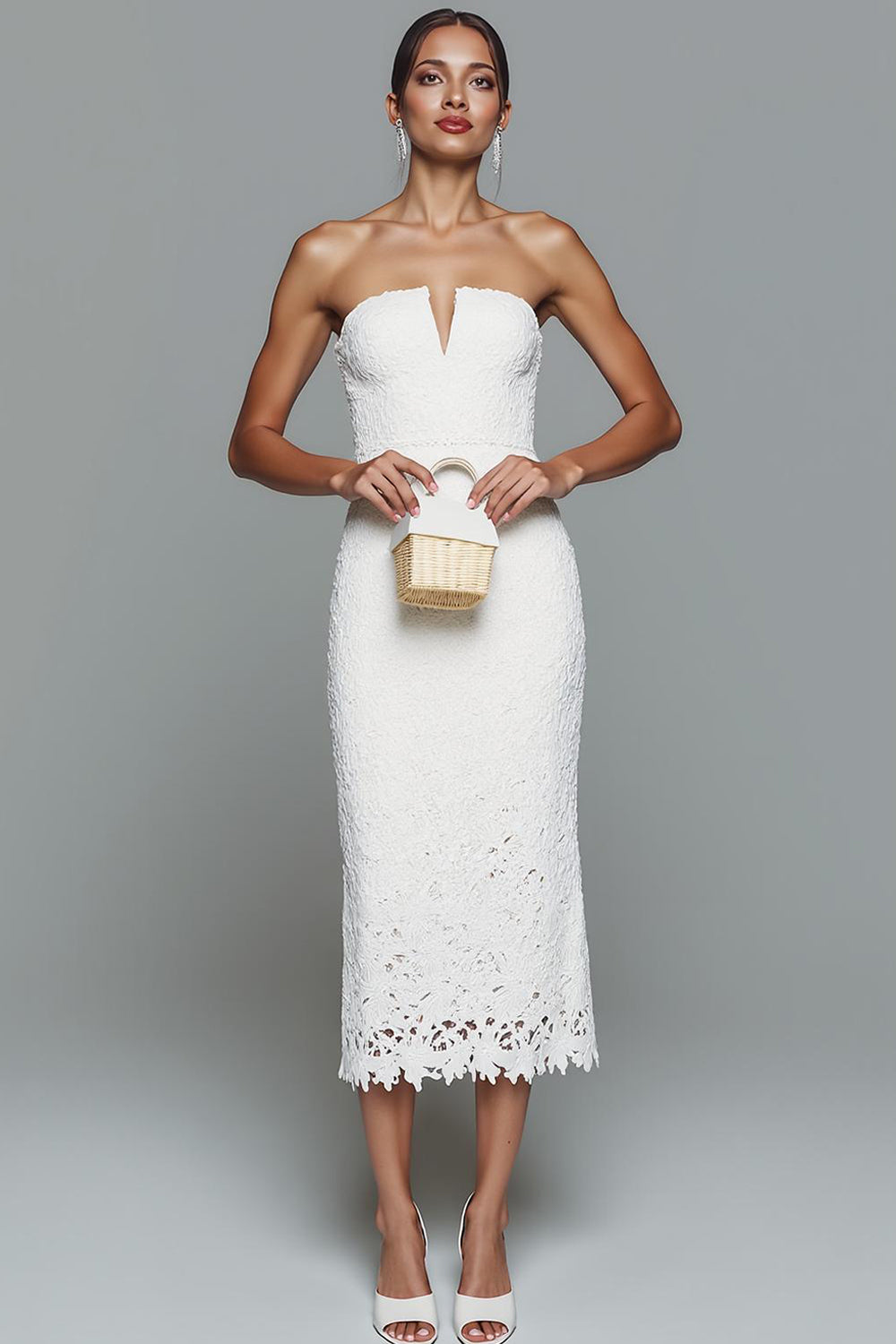 White Lace Strapless Sheath Midi Wedding Reception Dress