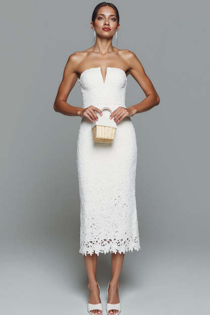 Leely Women White Lace Strapless Wedding Reception Dress Sheath Midi Engagement Dress