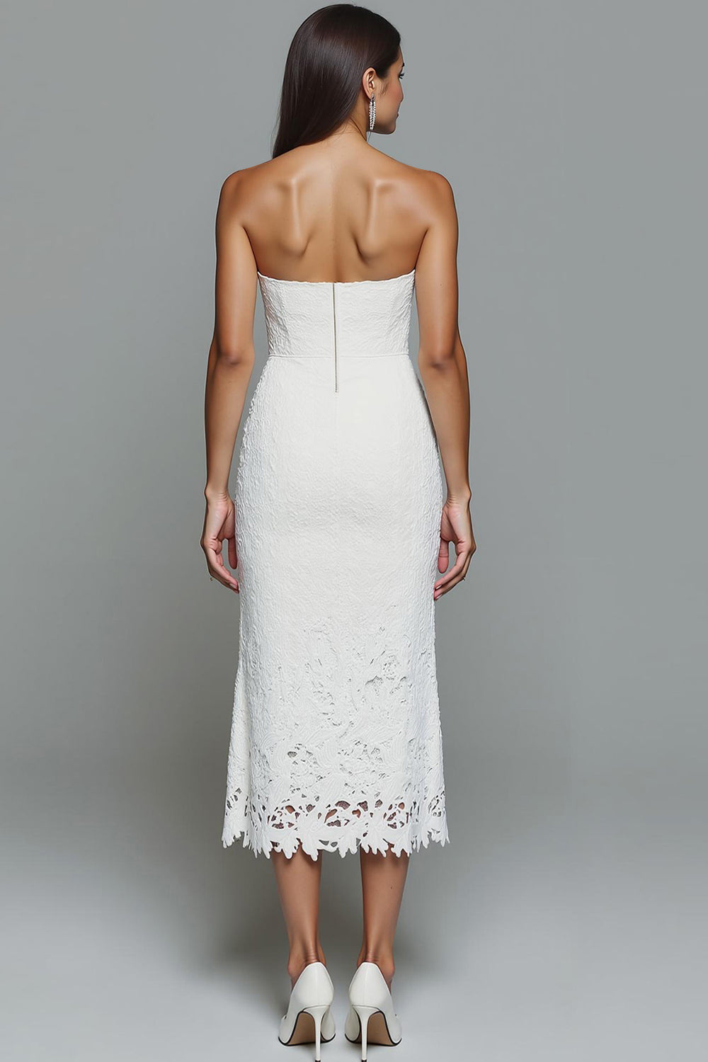 White Lace Strapless Sheath Midi Wedding Reception Dress