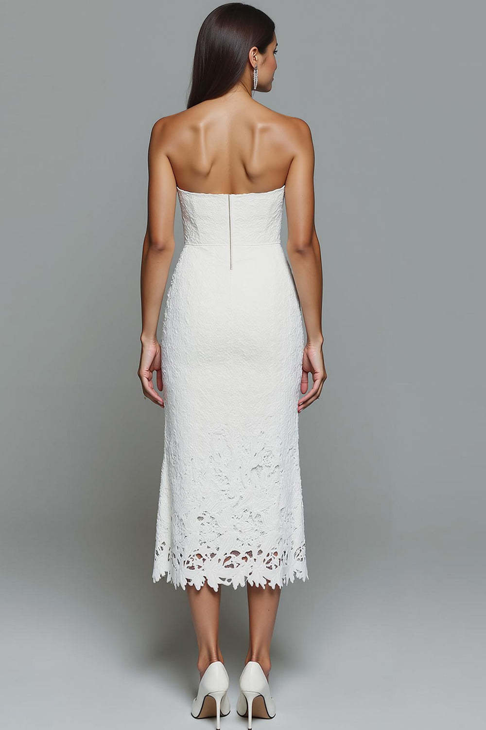 White Lace Strapless Sheath Midi Wedding Reception Dress