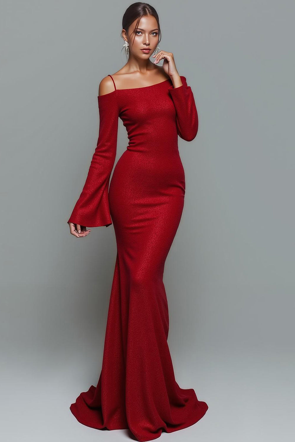 Leely Women Red Mermaid Sweep Train Formal Dress Cold Shoulder Long Sleeves Evening Dress