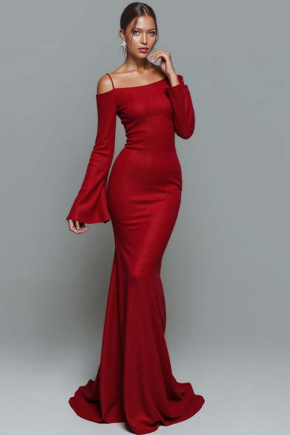Leely Women Red Mermaid Sweep Train Formal Dress Cold Shoulder Long Sleeves Evening Dress