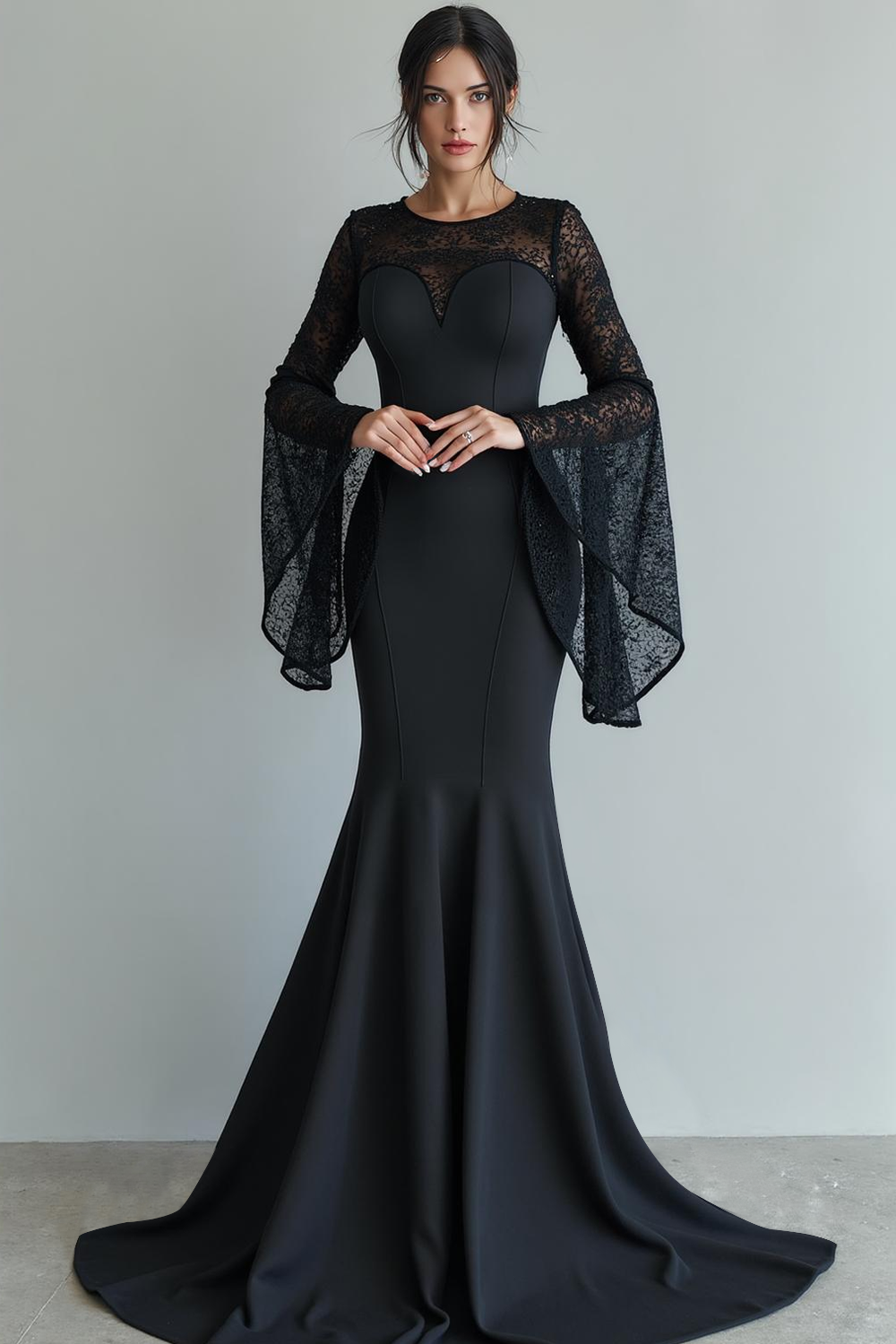 Black Chiffon Mermaid Round Neck Sweep Train Formal Dress with Lace