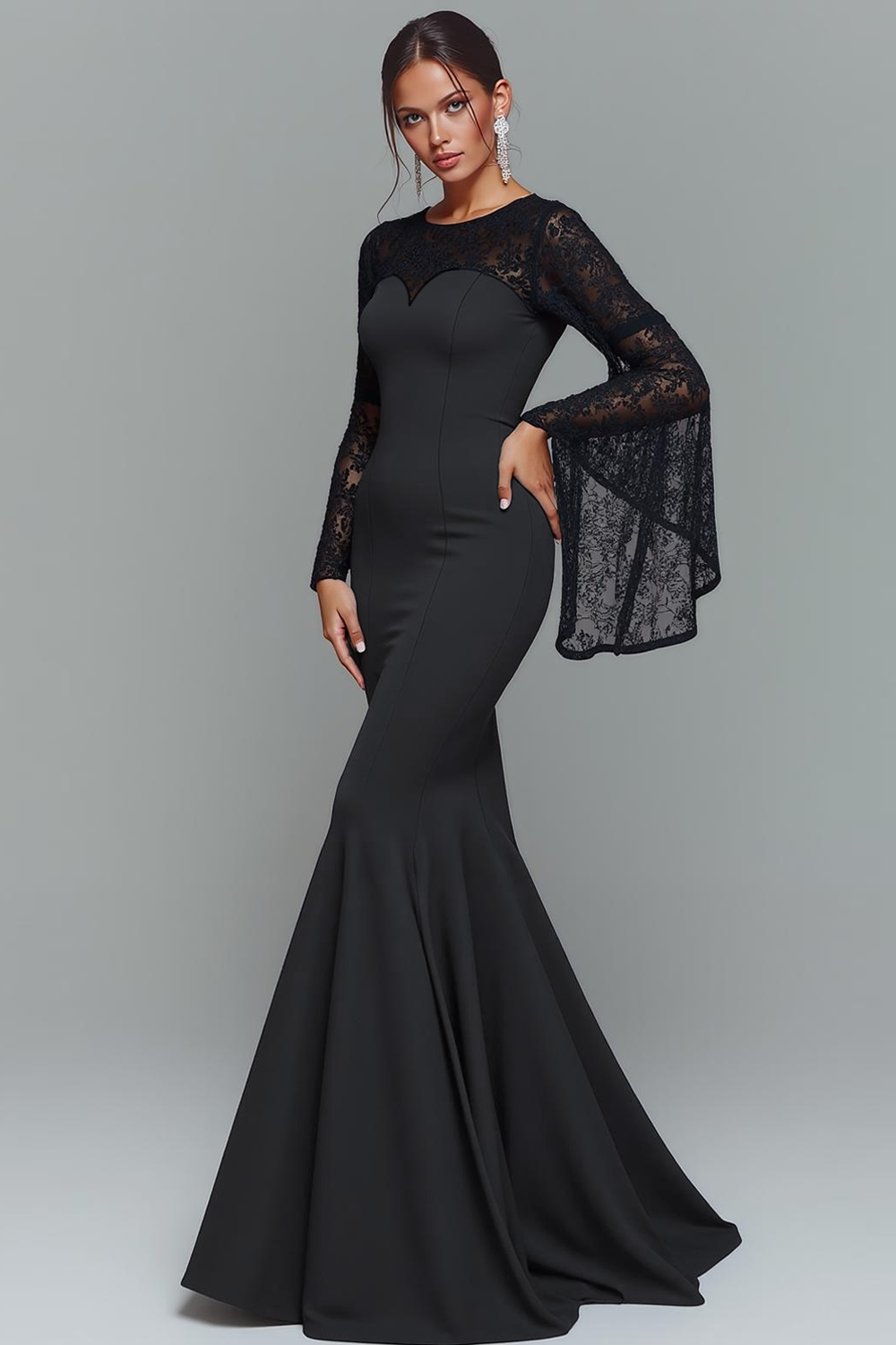 Black Chiffon Mermaid Round Neck Sweep Train Formal Dress with Lace