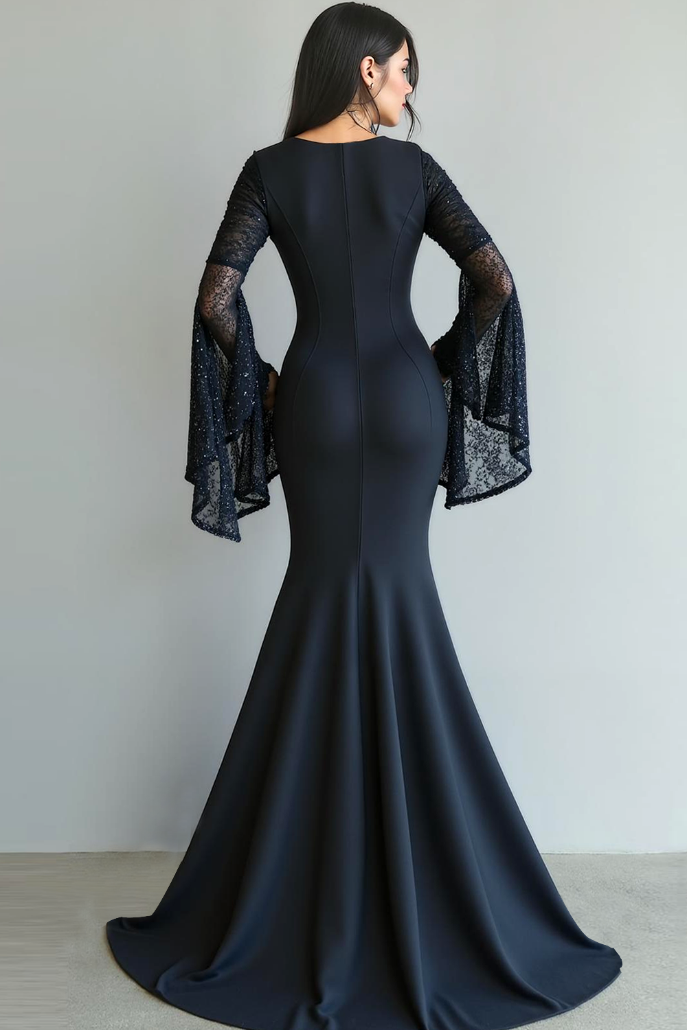 Black Chiffon Mermaid Round Neck Sweep Train Formal Dress with Lace