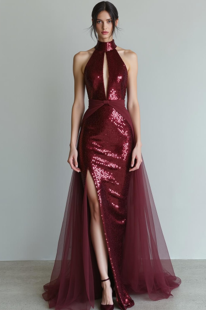 Leely Women Sparkly Sequins Cabernet High Neck Long Evening Dress with Slit Sheath Keyhole Formal Dress with Cape