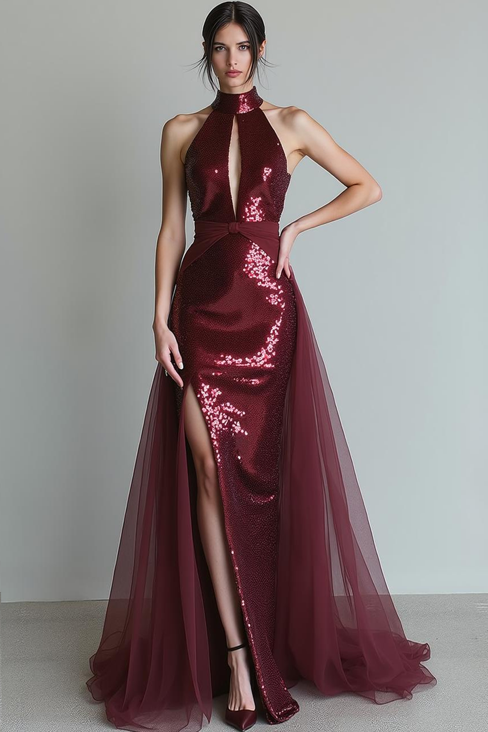 Sparkly Sequins Cabernet High Neck Sheath Keyhole Long Evening Dress with Slit