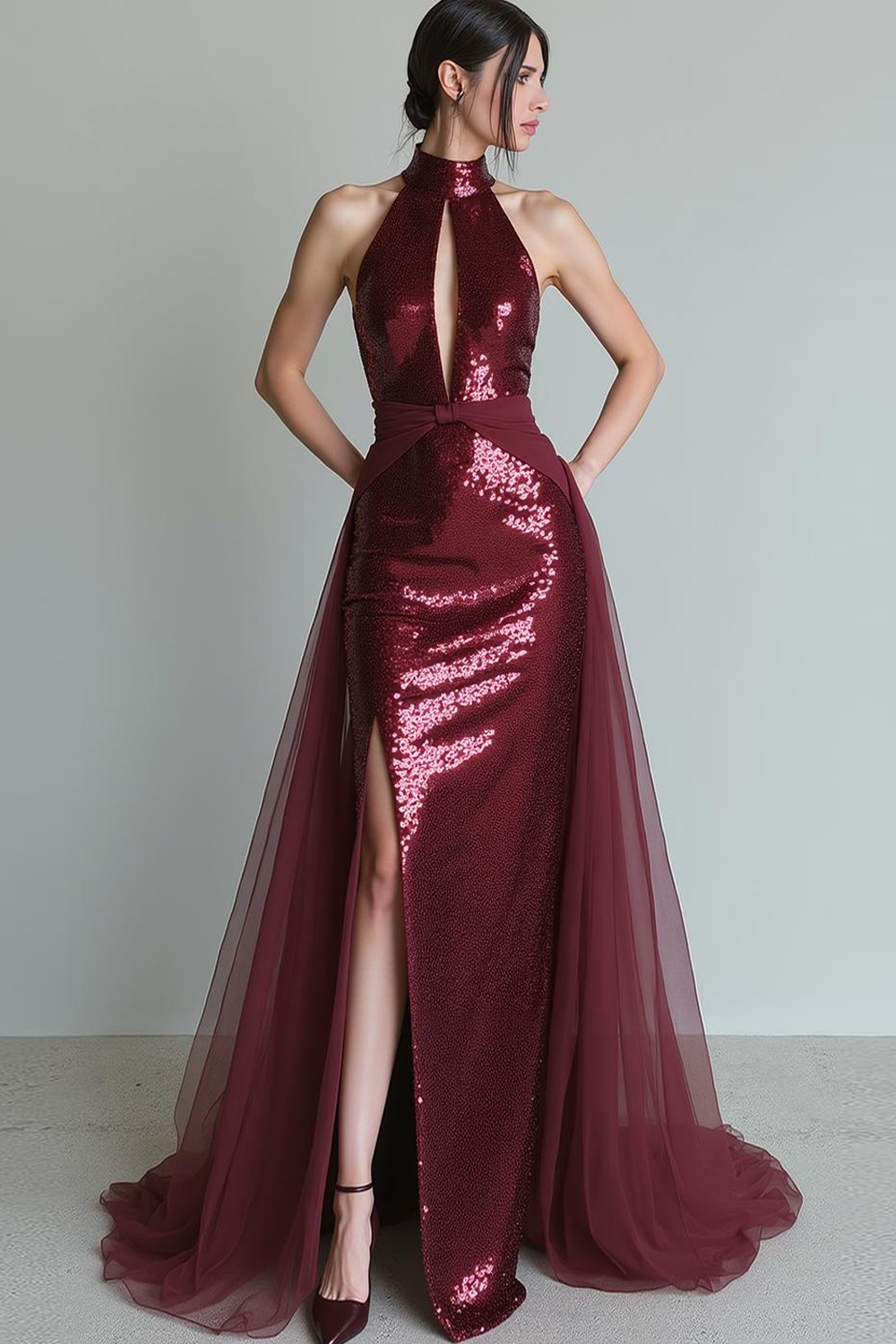 Sparkly Sequins Cabernet High Neck Sheath Keyhole Long Evening Dress with Slit