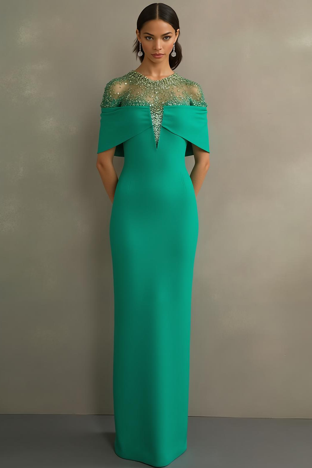 Peacock Green Sheath Round Neck Long Formal Dress