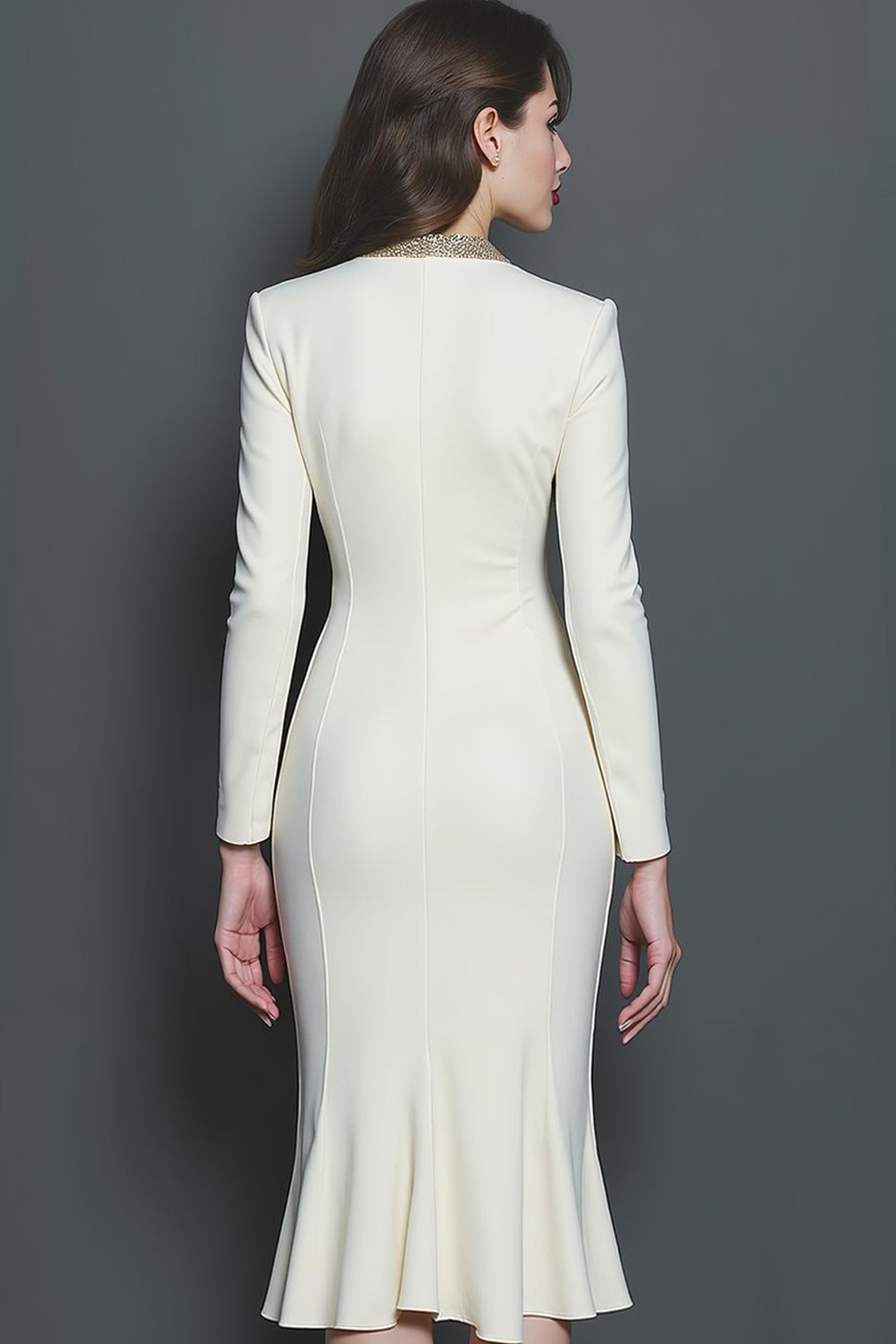 White Midi V-Neck Pencil Work Dress with Sleeves