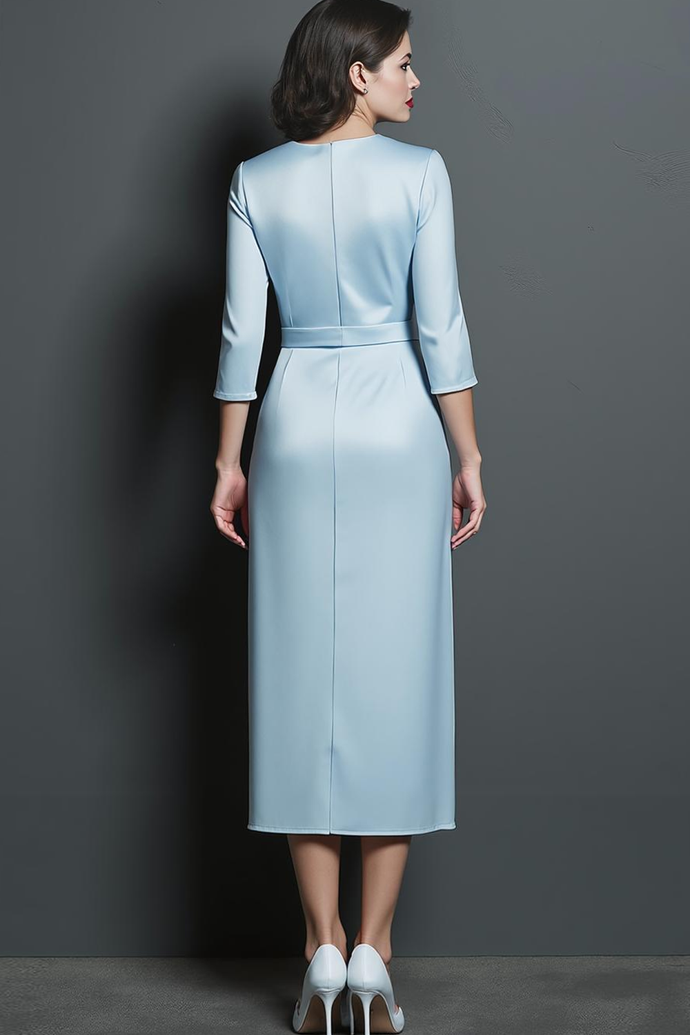 Sky Blue Satin Pencil Asymmetrical Neck Midi Work Dress with Sleeves