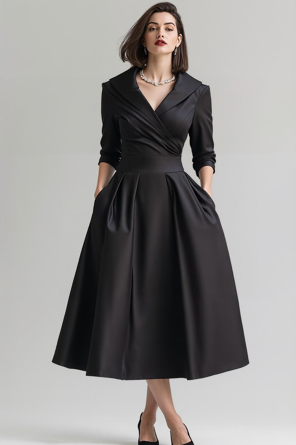 Leely Women Simple Black Midi Work Dress with Pockets Fitted A Line Business Dress with Sleeves
